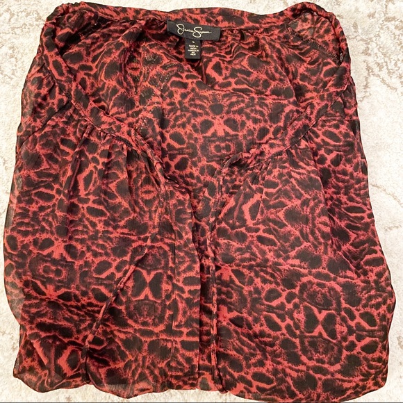Jessica Simpson Red & Black Sheer Tunic Blouse with Beaded Cuffs Size Small - Picture 6 of 9